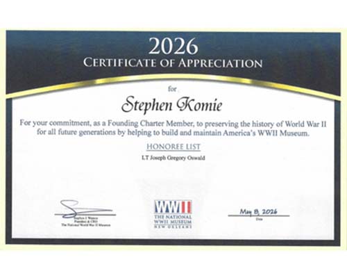 Stephen Komie Certification of Appreciation - National WWII Museum